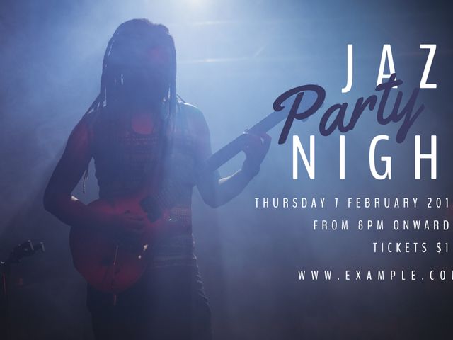 Exciting Jazz Party Night Poster with Guitarist Silhouette for Event Promotion - Download Free Stock Templates Pikwizard.com