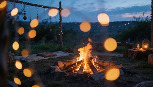 Rustic campfire gathering at twilight with glowing string lights and cozy seating