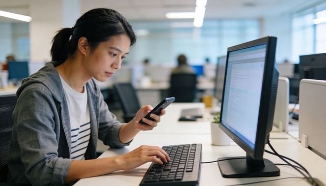 Focused woman multitasking at desk using smartphone and desktop computer in modern office