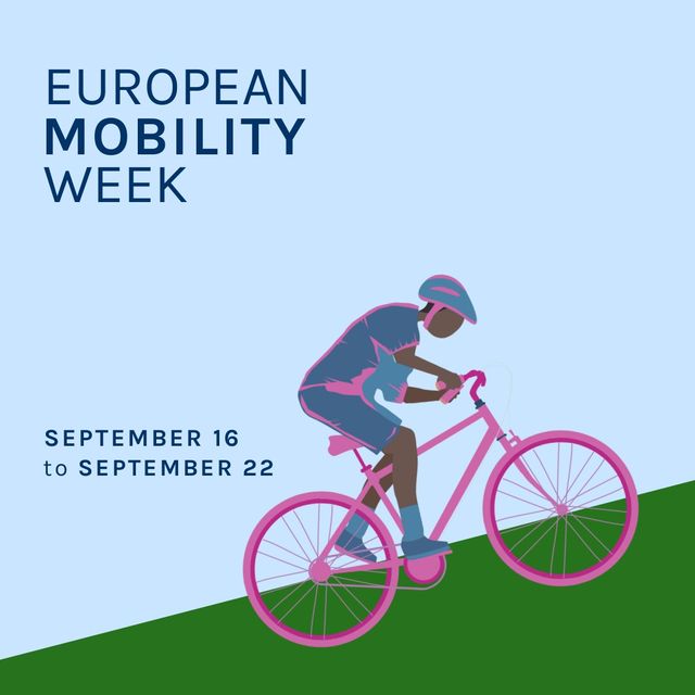 This illustration depicts a man riding a bike uphill while promoting European Mobility Week. Ideal for campaigns promoting sustainable transport, eco-friendly initiatives, and public health awareness. Perfect for use in web banners, posters, social media posts, and promotional materials for European Mobility Week.