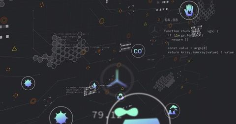 Pulsing Holographic Data Cluster on Dark Dashboard with CO2 Glyphs and Hexagonal Network