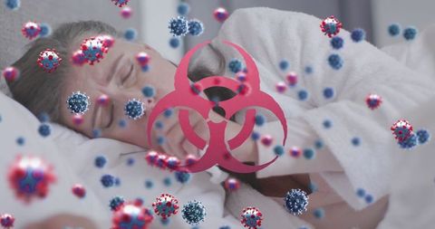 Resting woman with virus particles and biohazard symbol overlay