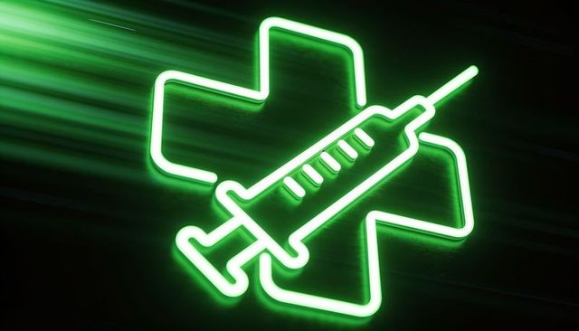 Glowing green neon medical cross with syringe silhouette illuminating pharmacy signage