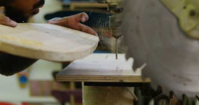 Close-Up of Skilled Woodworker Using Power Drill in Workshop - Download Free Stock Images Pikwizard.com