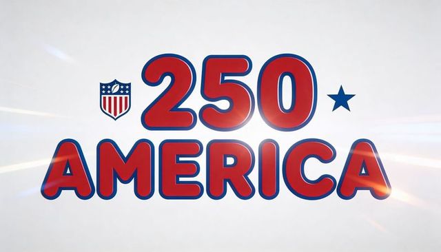 Bold red 250 america patriotic logo with shield crest, blue outline and light flare