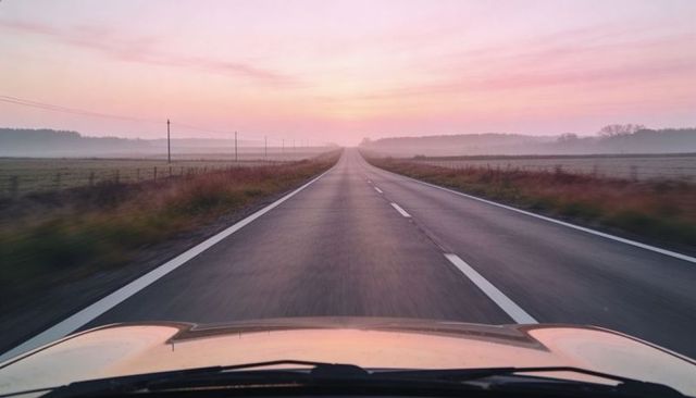 Driving into pastel sunrise on straight country road with car hood reflection