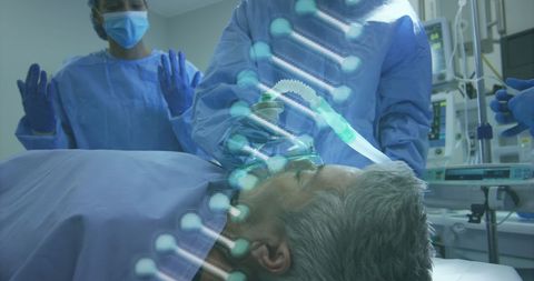 Doctors in surgery with dna overlay in medical setting