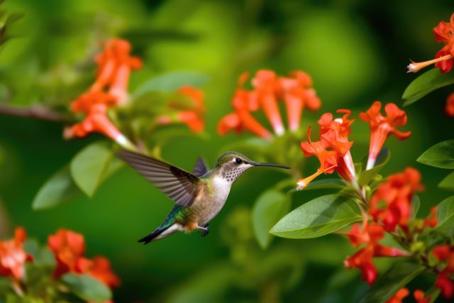 Hummingbird hovering by red flower in nature, created using generative ai technology. Beauty in nature, wildlife, agility and feeding concept digitally generated image.