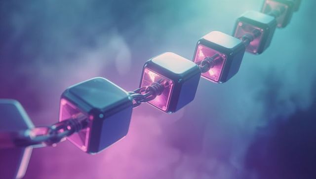 Futuristic metallic cube chain with vibrant pink cores