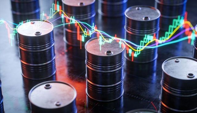 Crude oil barrels with animated price charts illustrating commodity market volatility