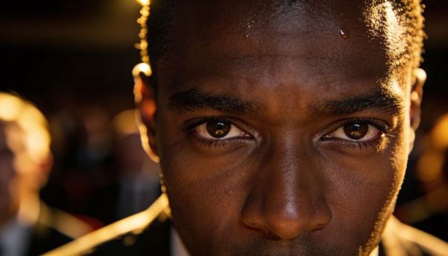 Intense close-up of man gazing under warm lights, sweating in dark suit, blurred crowd