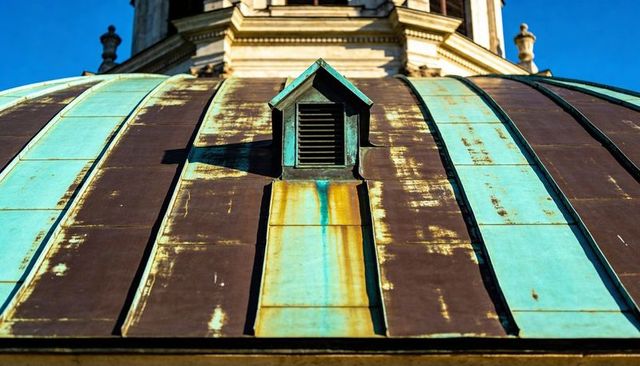 Verdigris dormer vent casting shadow on patina copper dome panels, weathered rooftop detail