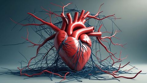 Detailed human heart model with vascular system illustration, cardiovascular diseases subject