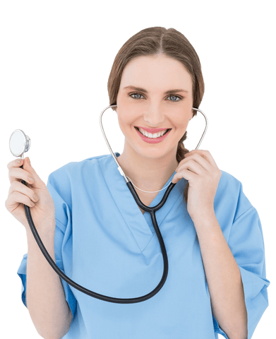 Transparent smiling female doctor holding stethoscope