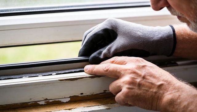 Handyman installing window weatherstripping rubber gasket sealing old wooden sash