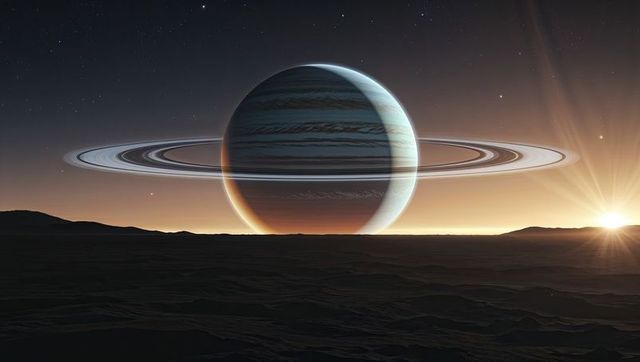 Giant ringed gas planet over scenic horizon with stars