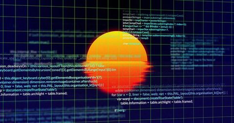 Pulsing orange-red data orb on neon-green grid hud with floating code and holographic ui