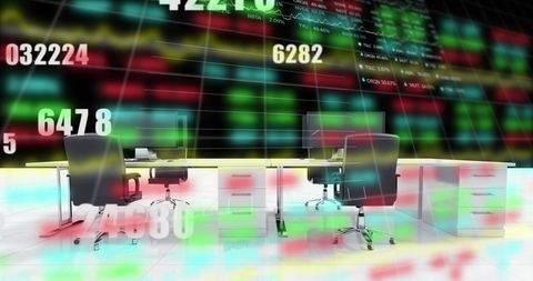Modern Office Workspace with Digital Stock Market Display