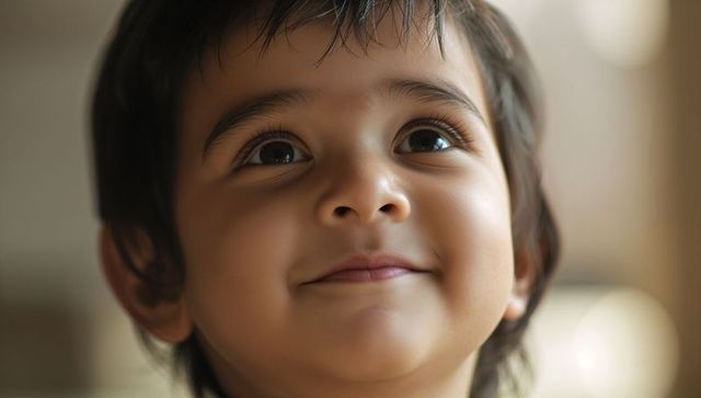 Toddler gazing upward with gentle smile, closeup portrait with warm bokeh light