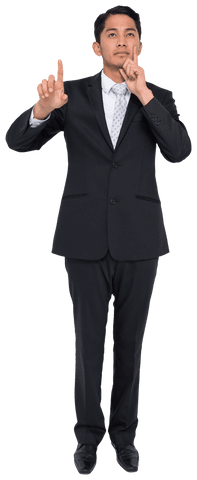 Thinking Asian Businessman Pointing Finger on Transparent Background