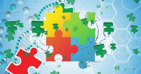Colorful puzzle pieces over scientific molecular backdrop
