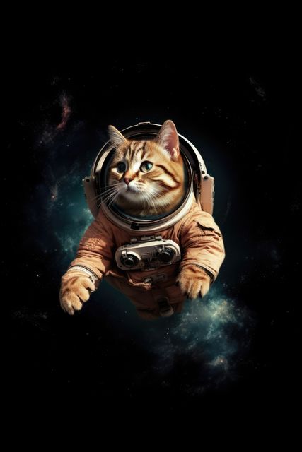 This image features a cat dressed in a space suit, floating in the cosmos with a backdrop of stars and nebulae. Its whimsical nature makes it ideal for creative projects, such as posters, book covers, digital artwork, and editorial content, particularly in themes of sci-fi, fantasy, or humor.