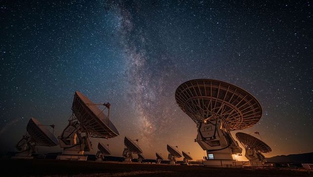 Radio telescope dishes observing milky way at night