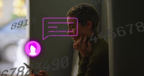 Checking smartphone with neon chat overlay, woman holding phone in moody urban alcove at night