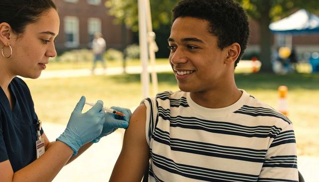 Smiling teen receiving vaccine at outdoor clinic tent nurse administering shot