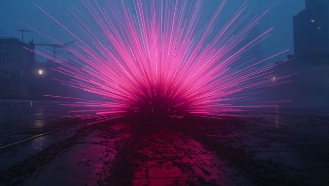 Vibrant neon energy burst on foggy urban street in nighttime