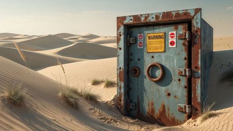 Rusted industrial vault door standing in desert dunes after the apocalypse