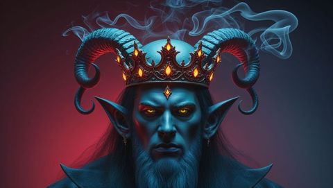 Mystical satan with ornate crown and smoke-horns in dark chamber