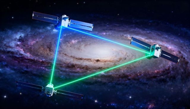 Triangular satellite laser network connecting spacecraft with neon beams over galaxy in orbit