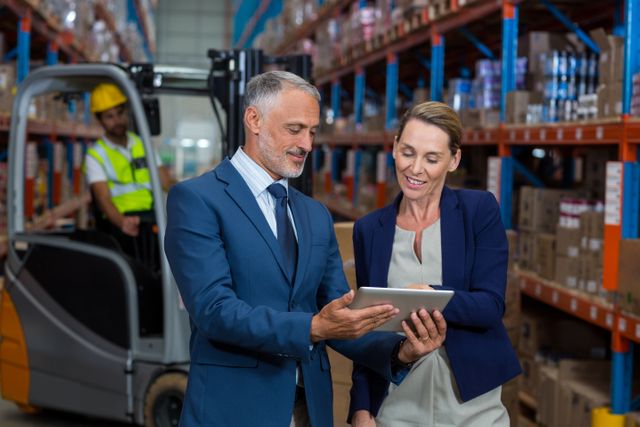 Warehouse manager and client discussing logistics and inventory management using a digital tablet. Ideal for use in business, logistics, supply chain, and industrial contexts. Highlights professional collaboration and use of technology in modern warehouse operations.