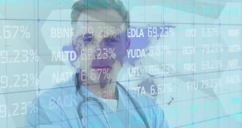 Doctor in Scrubs with Stock Market Data Projection
