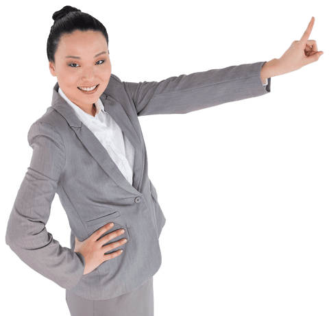 Businesswoman smiling and pointing up on transparent background