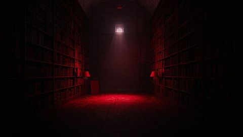 Red spotlight casting dramatic chiaroscuro in gothic library vault with tall bookcases