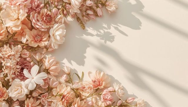 Peach blush floral border casting soft shadows on warm beige background