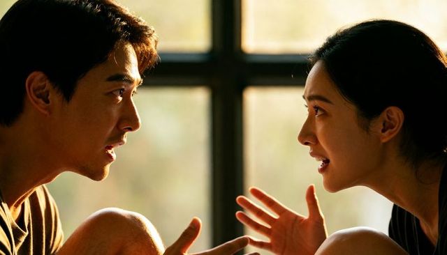Intimate couple arguing and connecting by window during golden hour, leaning and gesturing