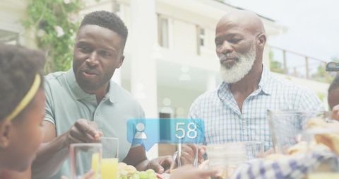 Multigenerational family dining outdoors with social follower count rising overlay
