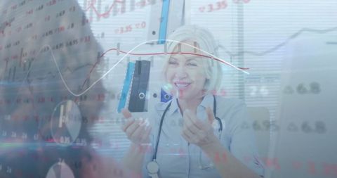 Healthcare Professional Analyzing Patient Data with Overlay of Medical Graphs