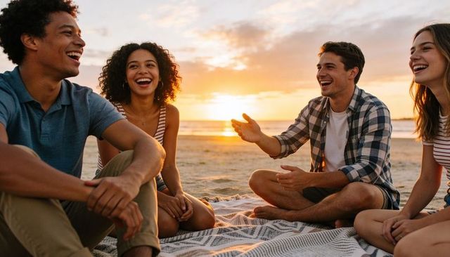 Friends laughing on sunset beach blanket, casual summer hangout and golden hour joy