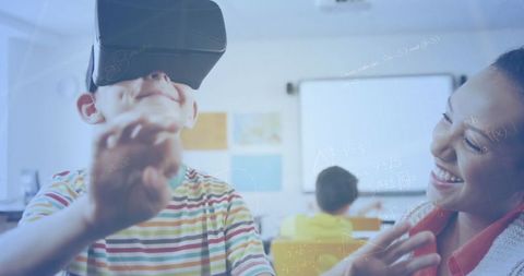 Schoolchildren Engaged with VR Headsets in Classroom Amid Math Equations
