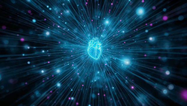 Neon anatomical heart radiating digital energy with particle trails and data visualization