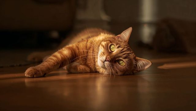 Ginger tabby cat lounging on hardwood floor in warm sunlight with striking green eyes