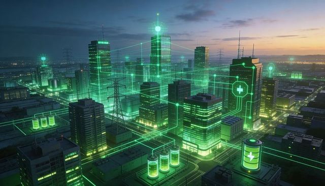 Smart city energy grid mapping with neon green battery network, connected skyline at dusk
