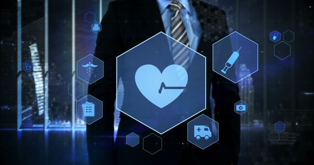 Businessman in formal attire interacts with holographic medical icons on a digital interface. Icons include heart rate, medical services, syringe, clipboard, ambulance, and more, representing various aspects of healthcare. Ideal for illustrating concepts of modern healthcare, medical technology, innovative health solutions, and business integration with healthcare.