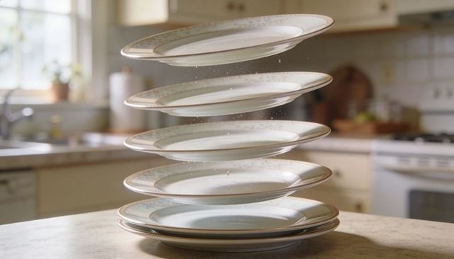 Levitating porcelain dinner plates floating above sunlit kitchen countertop with crumbs