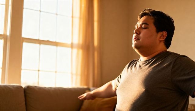 Sunlit morning relaxation stretching on sofa by window with peaceful expression