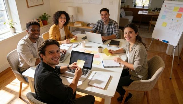 Young diverse team collaborating around table with laptops, sticky notes, whiteboard